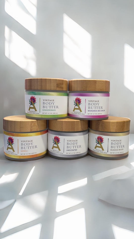 Vintage Body Butter jars featuring natural ingredients.