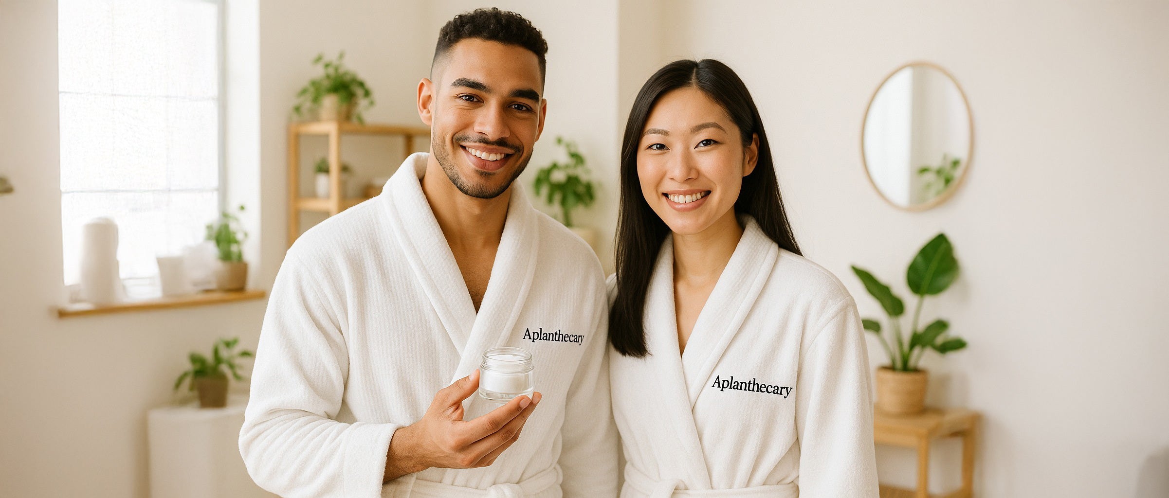 Two people wearing Aplathene robes in a bathroom setting.